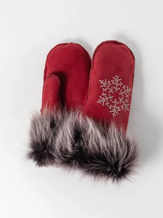 Красные варежки-снежинка из овчины меховой женские-0