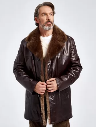 Кожаная мужская дубленка с воротником меха соболя премиум класса 5140-0