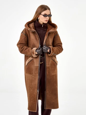 Длинная женская дубленка с капюшоном 2073-0