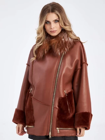 Женская куртка оверсайз из натуральной овчины с воротником из меха лисицы премиум класса 2042-0