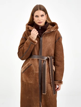 Длинная женская дубленка с капюшоном 2073-1